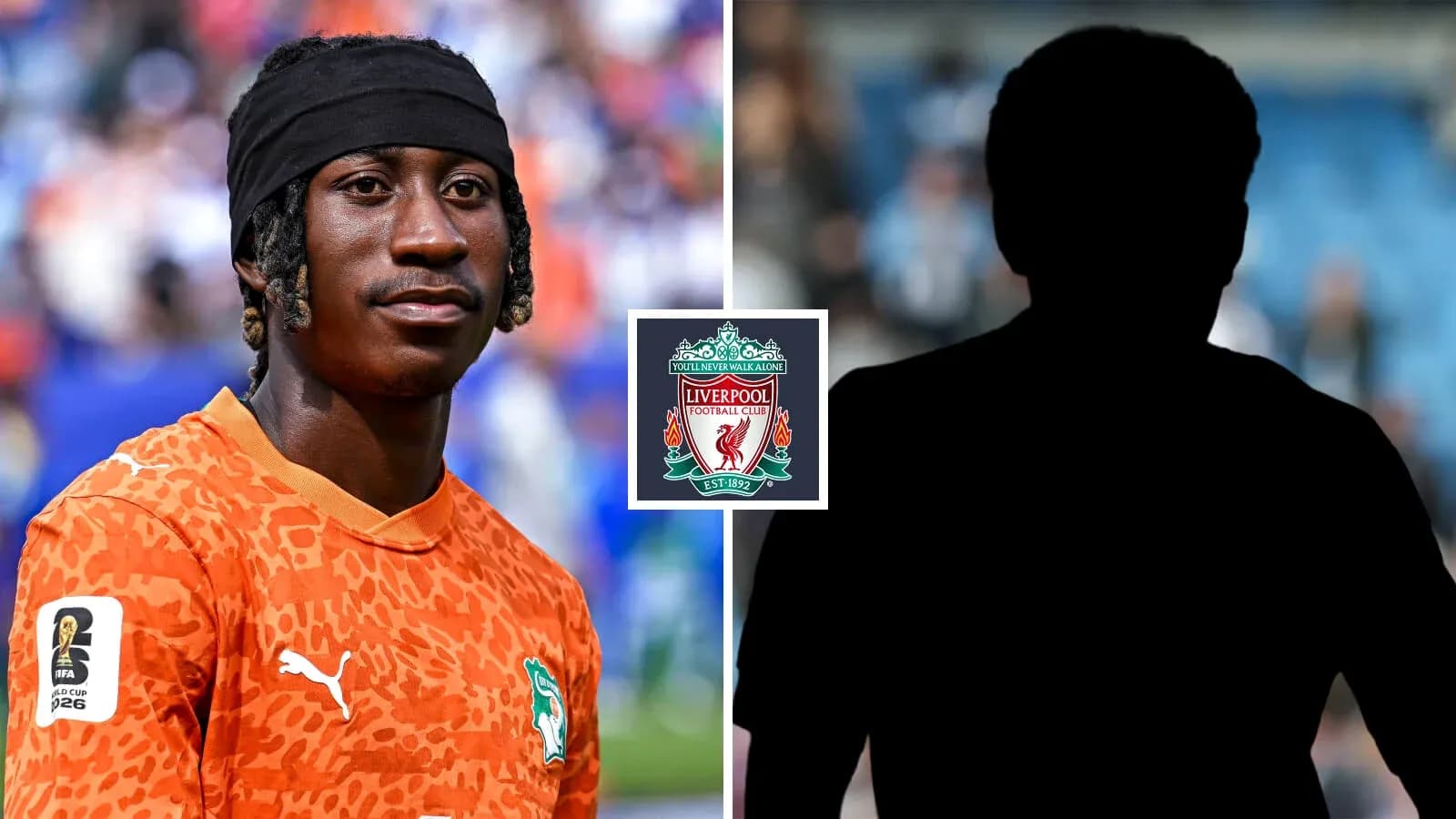 Player in orange kit with Liverpool logo background