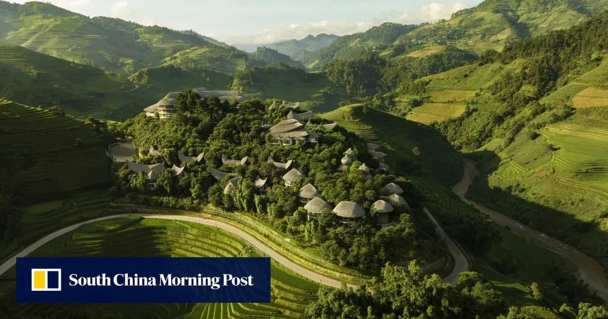 Aerial view of terraced hills and village