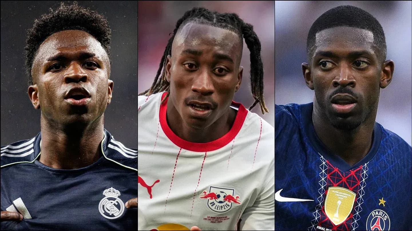Three football players in team jerseys, focused expressions Three football players in team jerseys, focused expressions