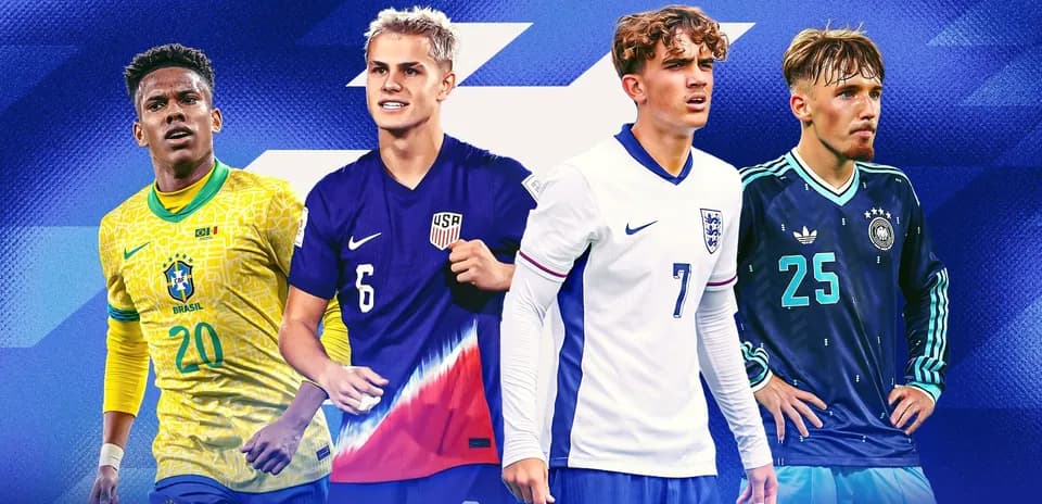 Four young football players in national team jerseys