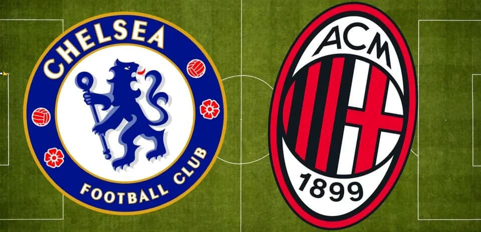 Logos of Chelsea and AC Milan on football pitch