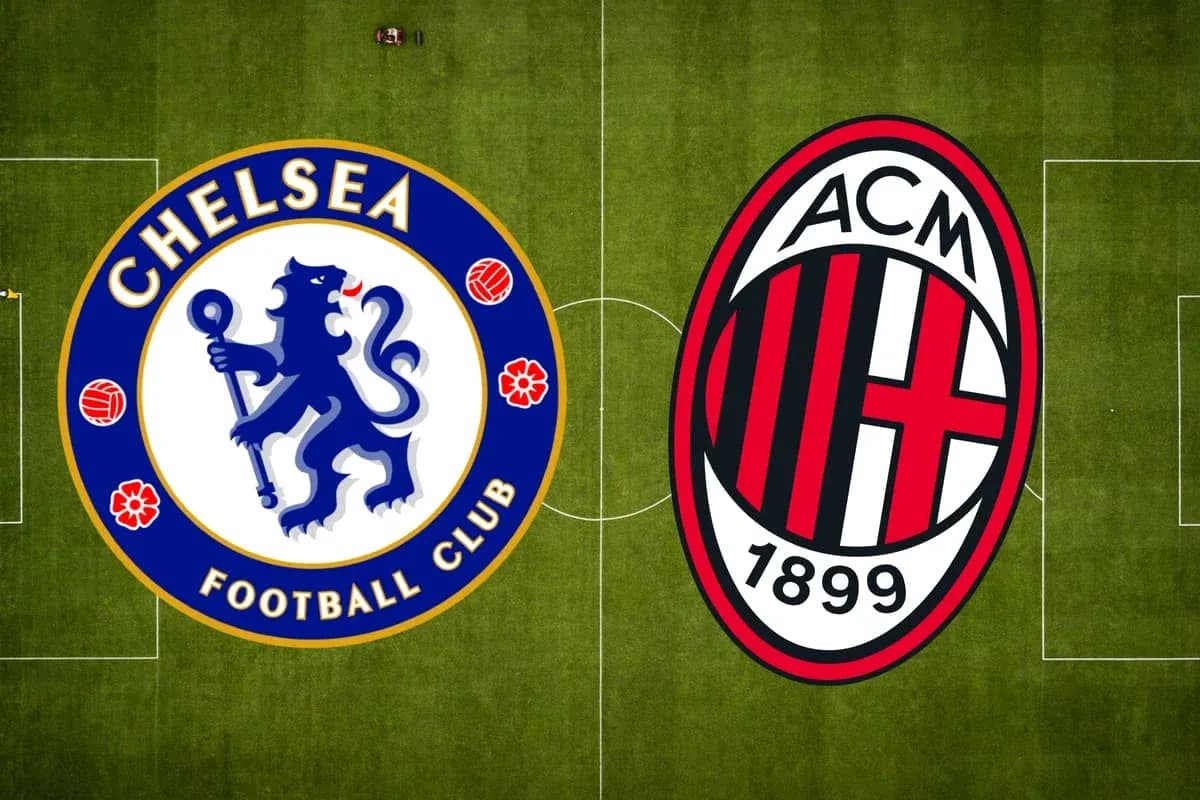 Logos of Chelsea and AC Milan on football pitch