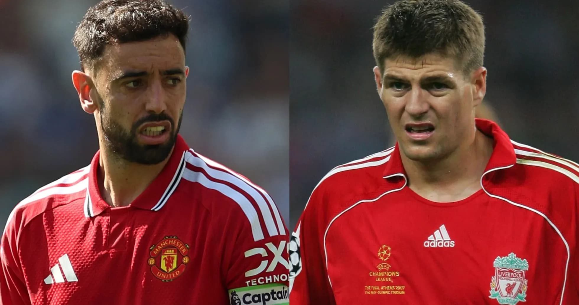 Bruno Fernandes and Steven Gerrard in football jerseys