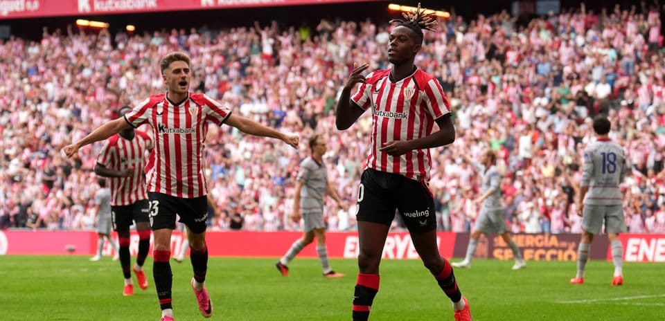 Player celebrating a goal with teammates in stadium