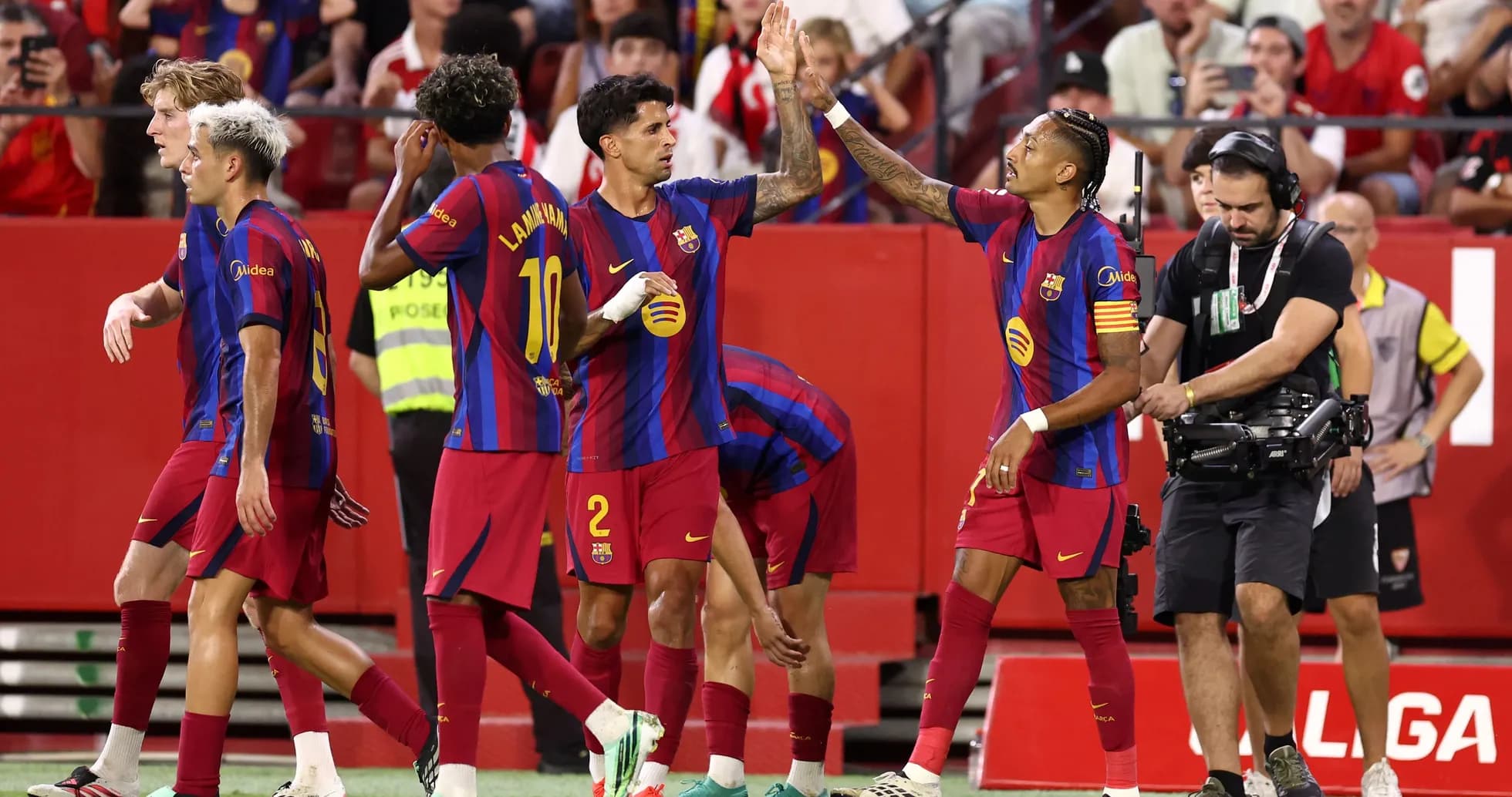 Barcelona players celebrating during a match