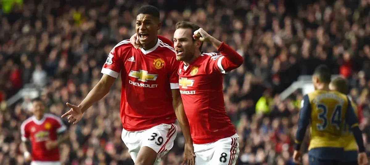 Two Manchester United players celebrating a goal