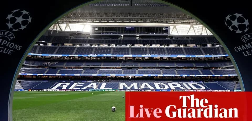 View of empty stadium with 'REAL MADRID' displayed