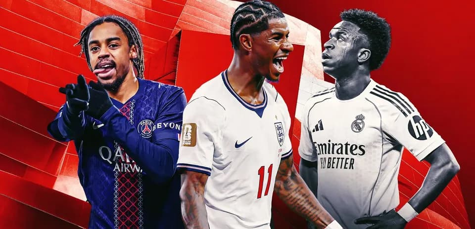 Three soccer players in team jerseys on red background