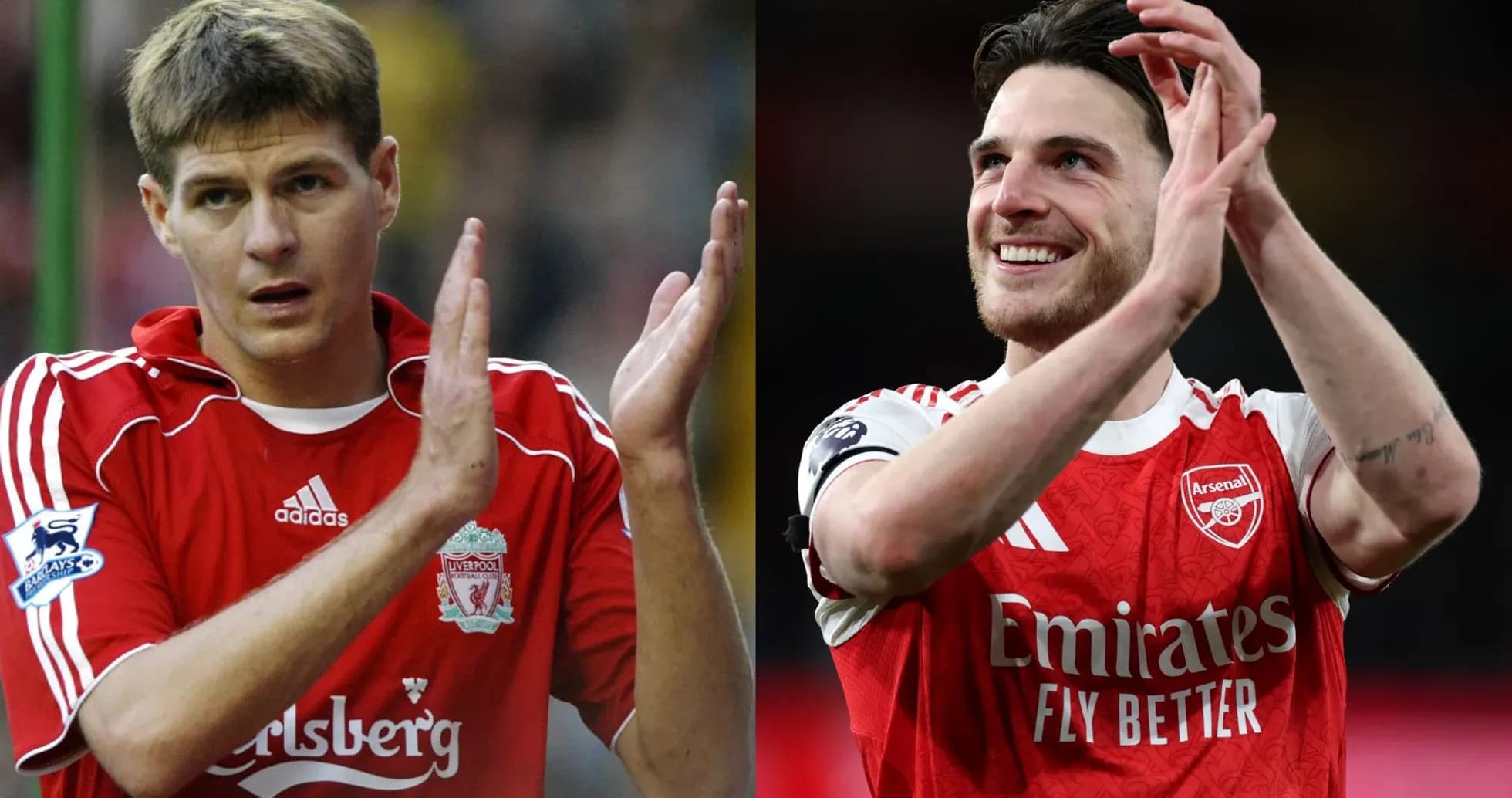 Two football players applauding, one in Liverpool kit, one in Arsenal kit
