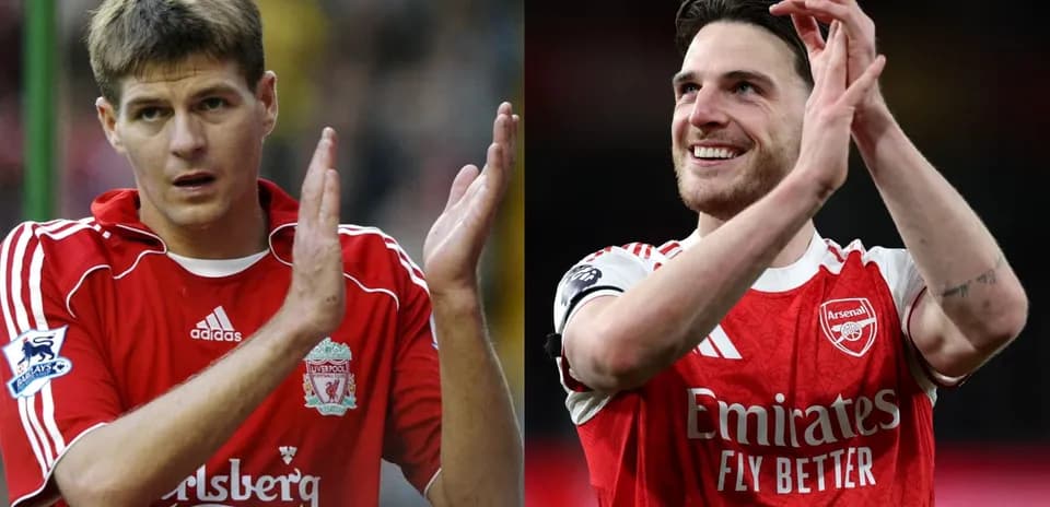 Two football players applauding, one in Liverpool kit, one in Arsenal kit