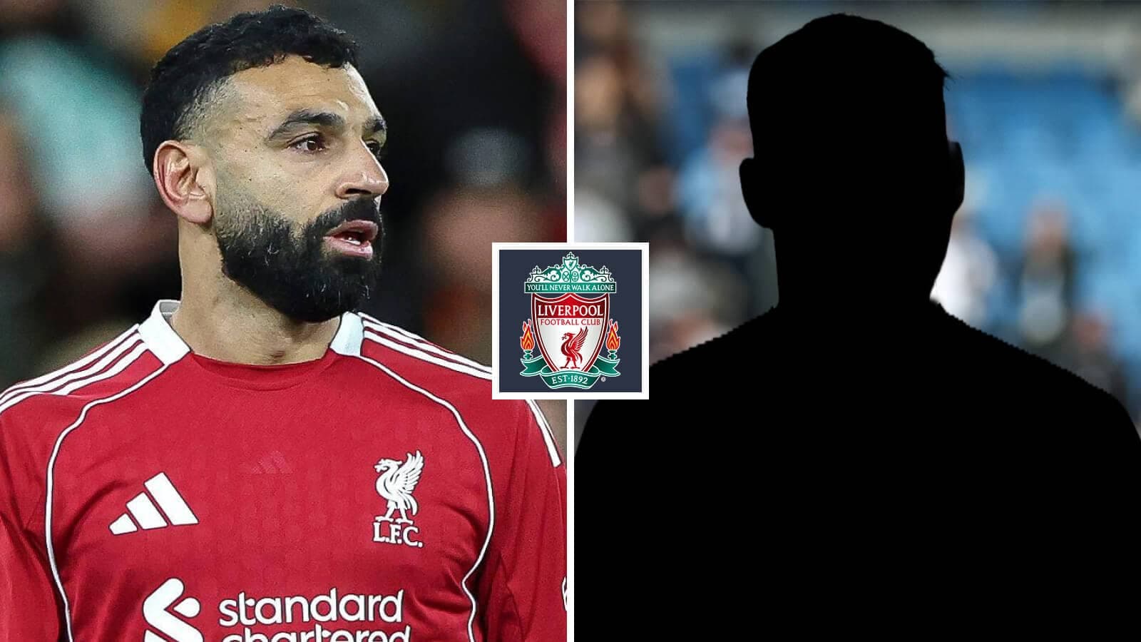 Mohamed Salah in Liverpool kit beside silhouette