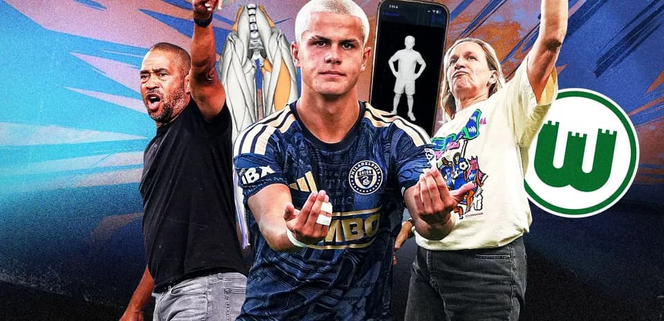 Three individuals celebrating with a Wolfsburg logo backdrop