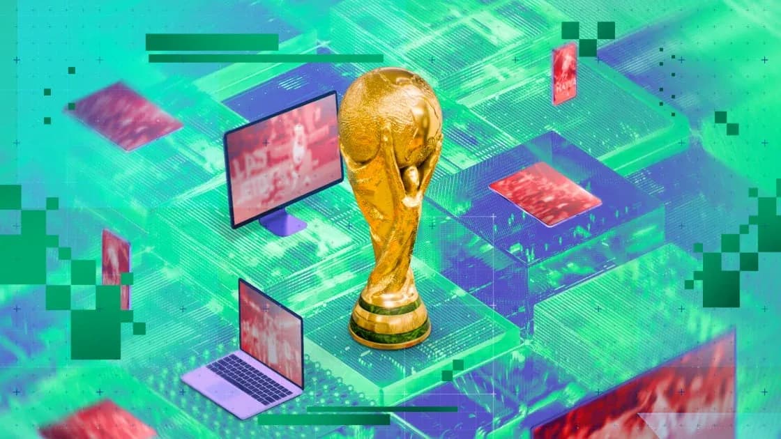 World Cup trophy surrounded by digital screens