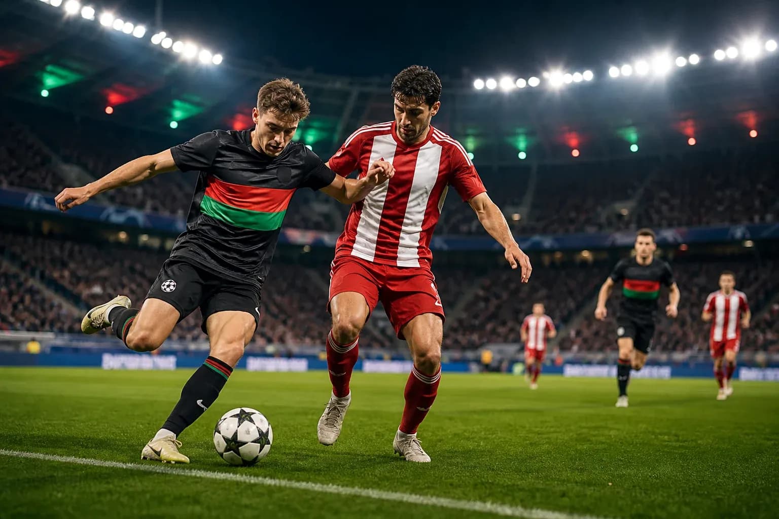Players competing for the ball during Champions League match Players competing for the ball during Champions League match
