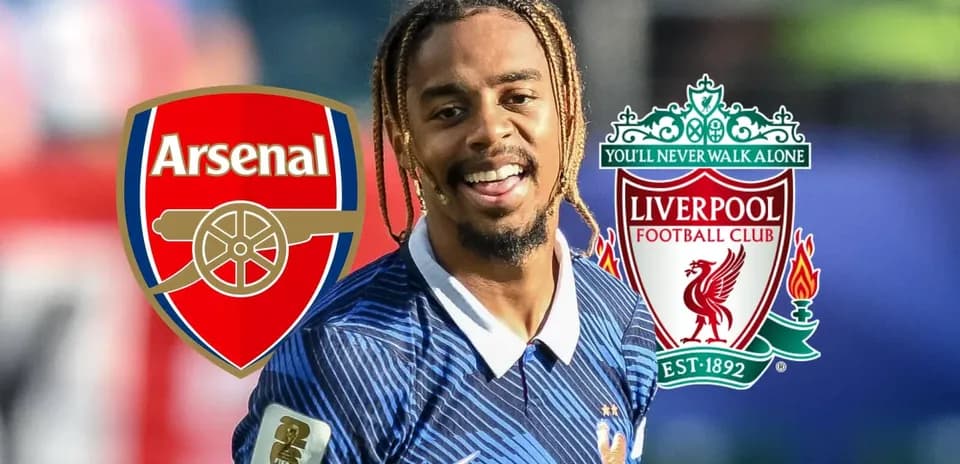 Player smiling with Arsenal and Liverpool logos background