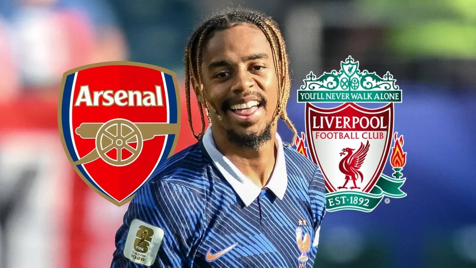 Player smiling with Arsenal and Liverpool logos background