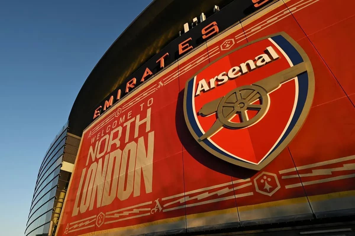 Emirates Stadium exterior with Arsenal logo displayed Emirates Stadium exterior with Arsenal logo displayed