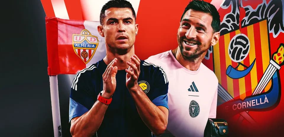 Cristiano Ronaldo and goalkeeper smiling in front of team logos