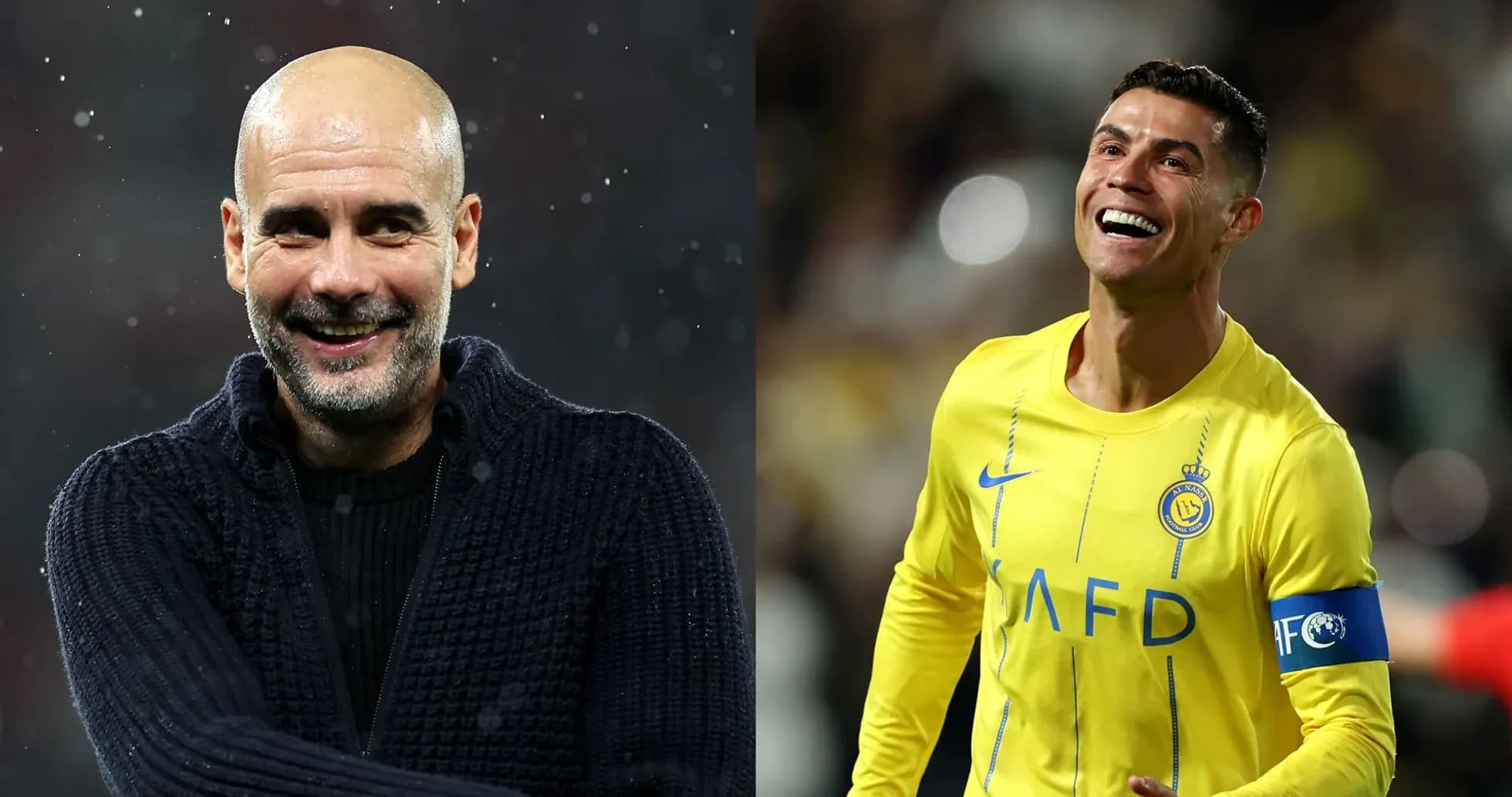 Pep Guardiola smiling, Cristiano Ronaldo celebrating goal