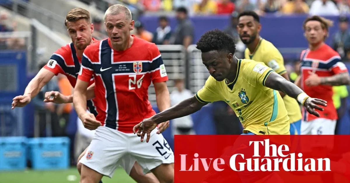 Brazilian player dribbling past Norwegian defenders during match