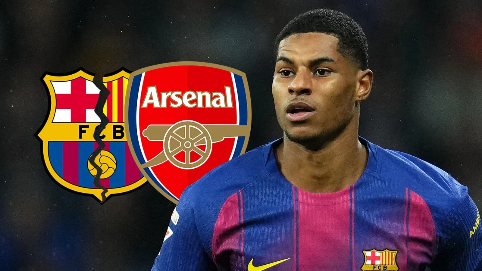 Player in Barcelona kit with Arsenal logo background