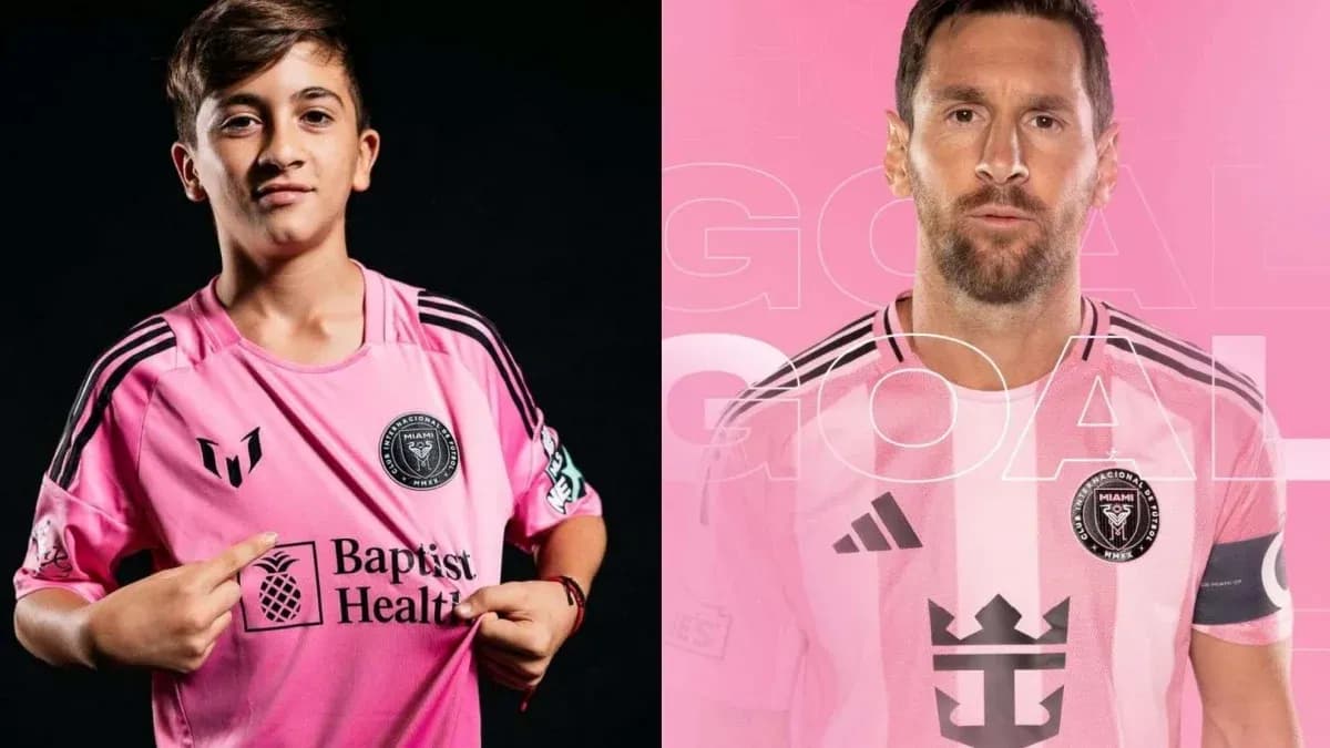 Young player and Lionel Messi in pink Inter Miami jerseys Young player and Lionel Messi in pink Inter Miami jerseys