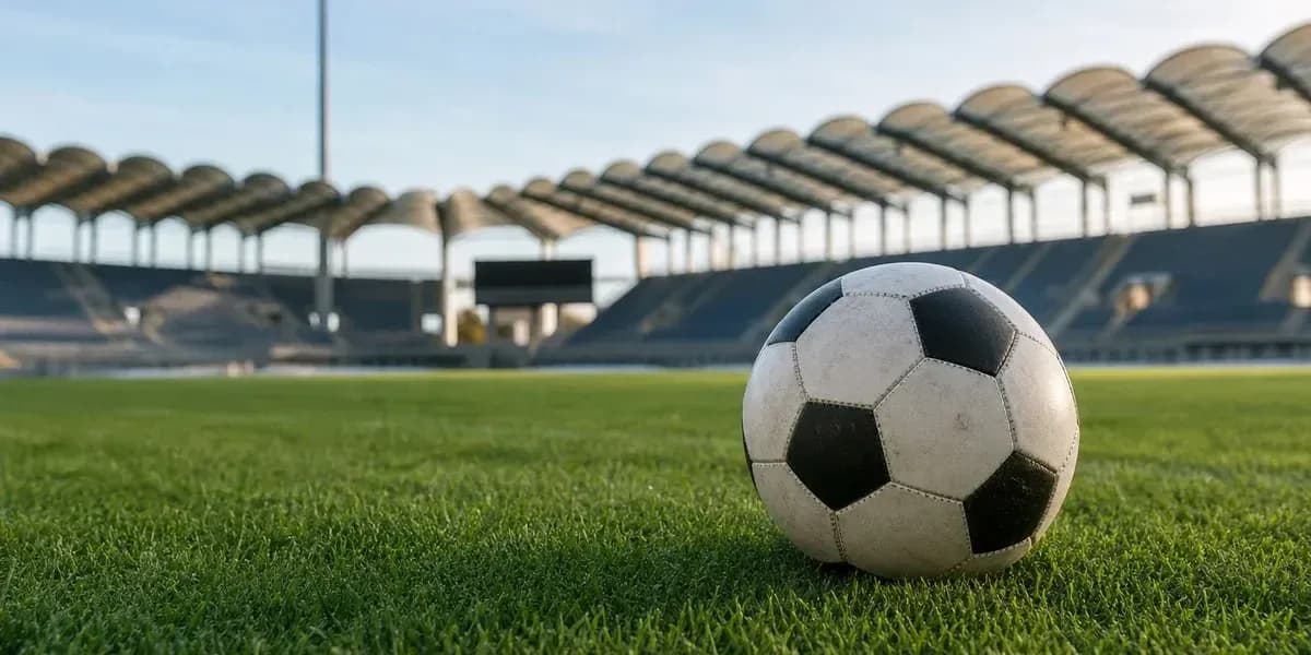 Soccer ball resting on grass in empty stadium Soccer ball resting on grass in empty stadium