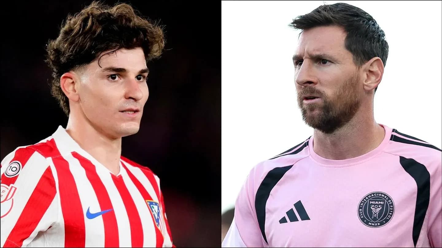 Two football players facing each other, one in red stripes Two football players facing each other, one in red stripes