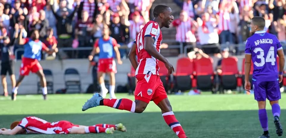 Player celebrating goal during Pacific FC match Player celebrating goal during Pacific FC match