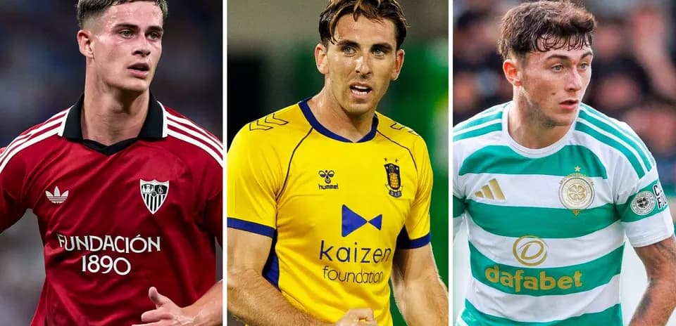 Three soccer players in club jerseys on the field Three soccer players in club jerseys on the field