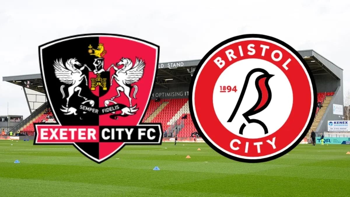 Exeter City and Bristol City logos with stadium background Exeter City and Bristol City logos with stadium background