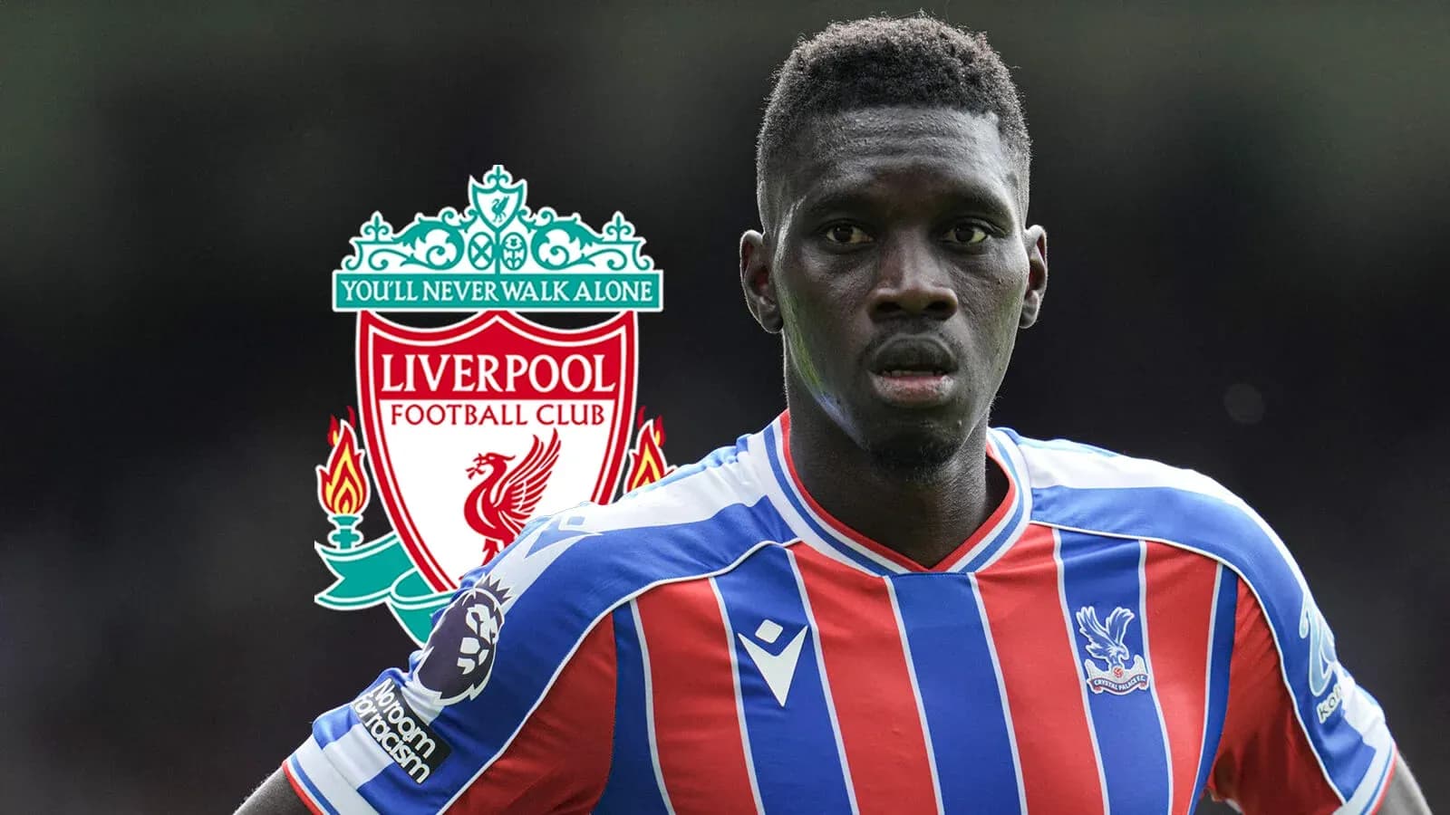 Crystal Palace player with Liverpool logo background Crystal Palace player with Liverpool logo background