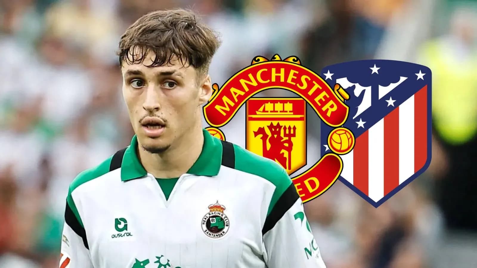 Player in white jersey with Manchester United and Atletico logos Player in white jersey with Manchester United and Atletico logos