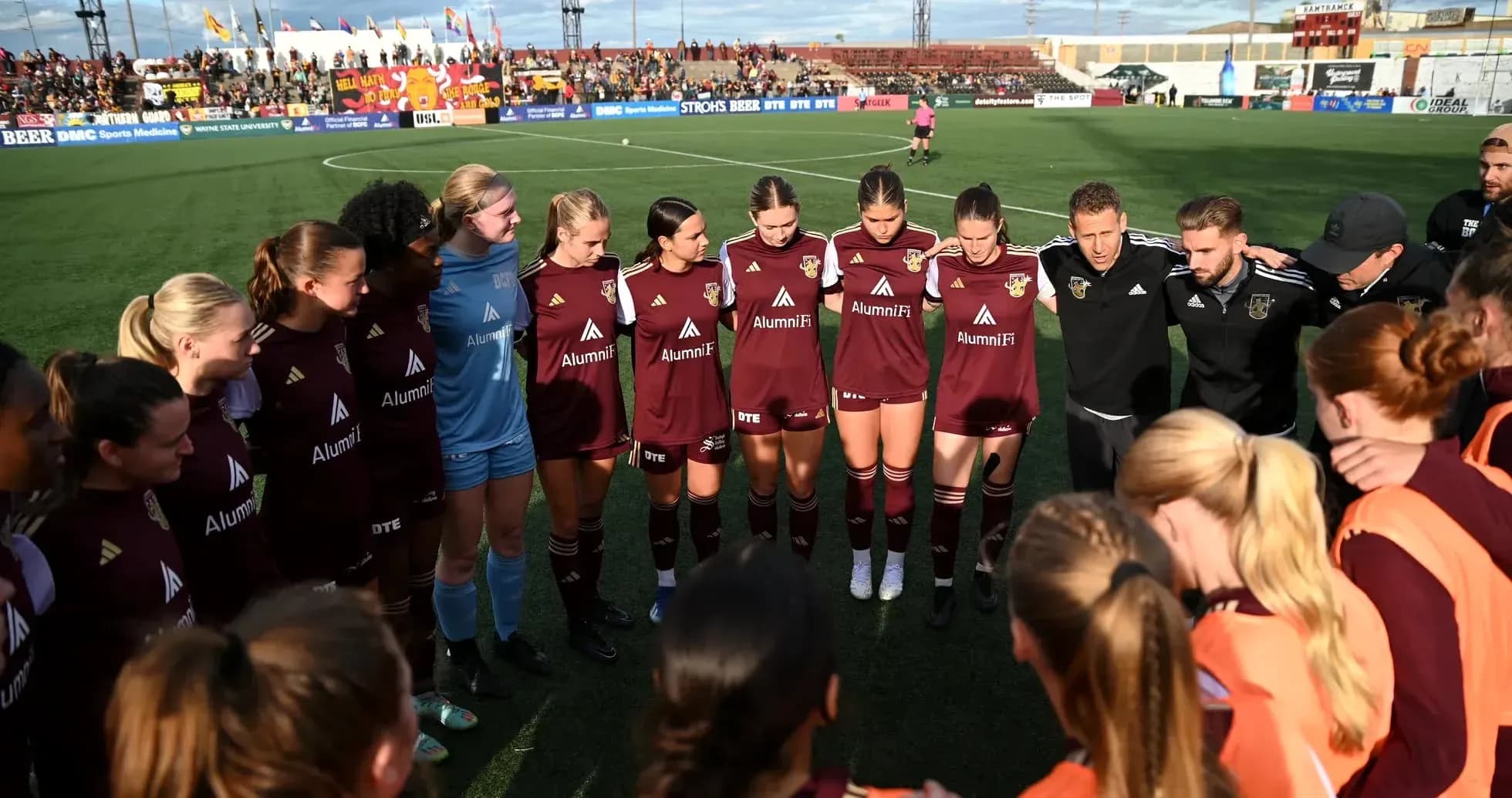 Detroit City players in huddle before match Detroit City players in huddle before match