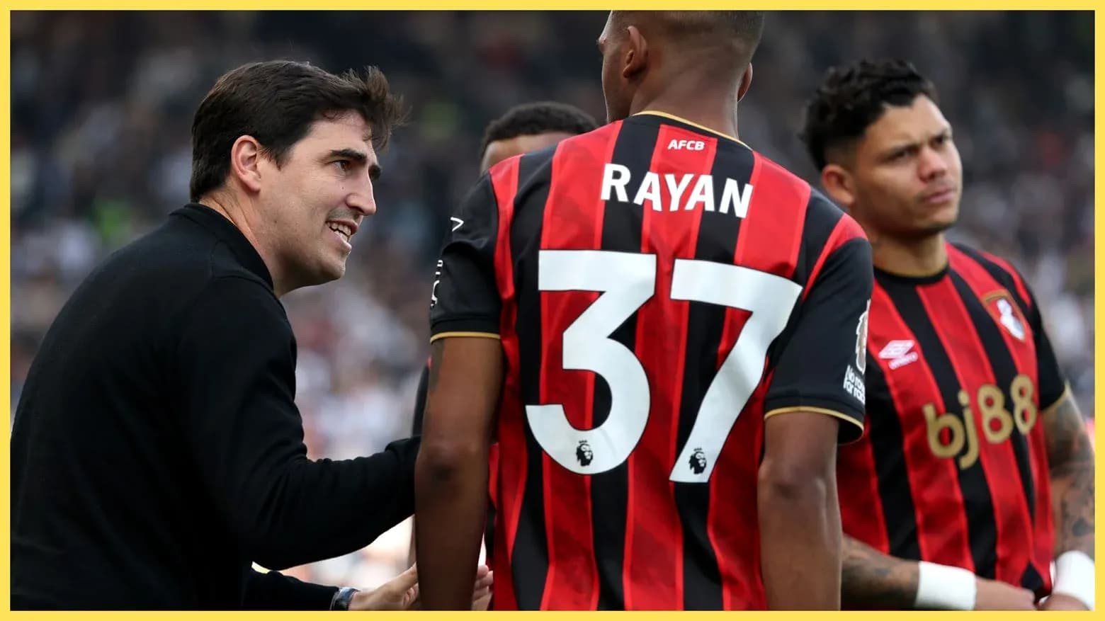 Manager discussing tactics with Bournemouth players during match Manager discussing tactics with Bournemouth players during match