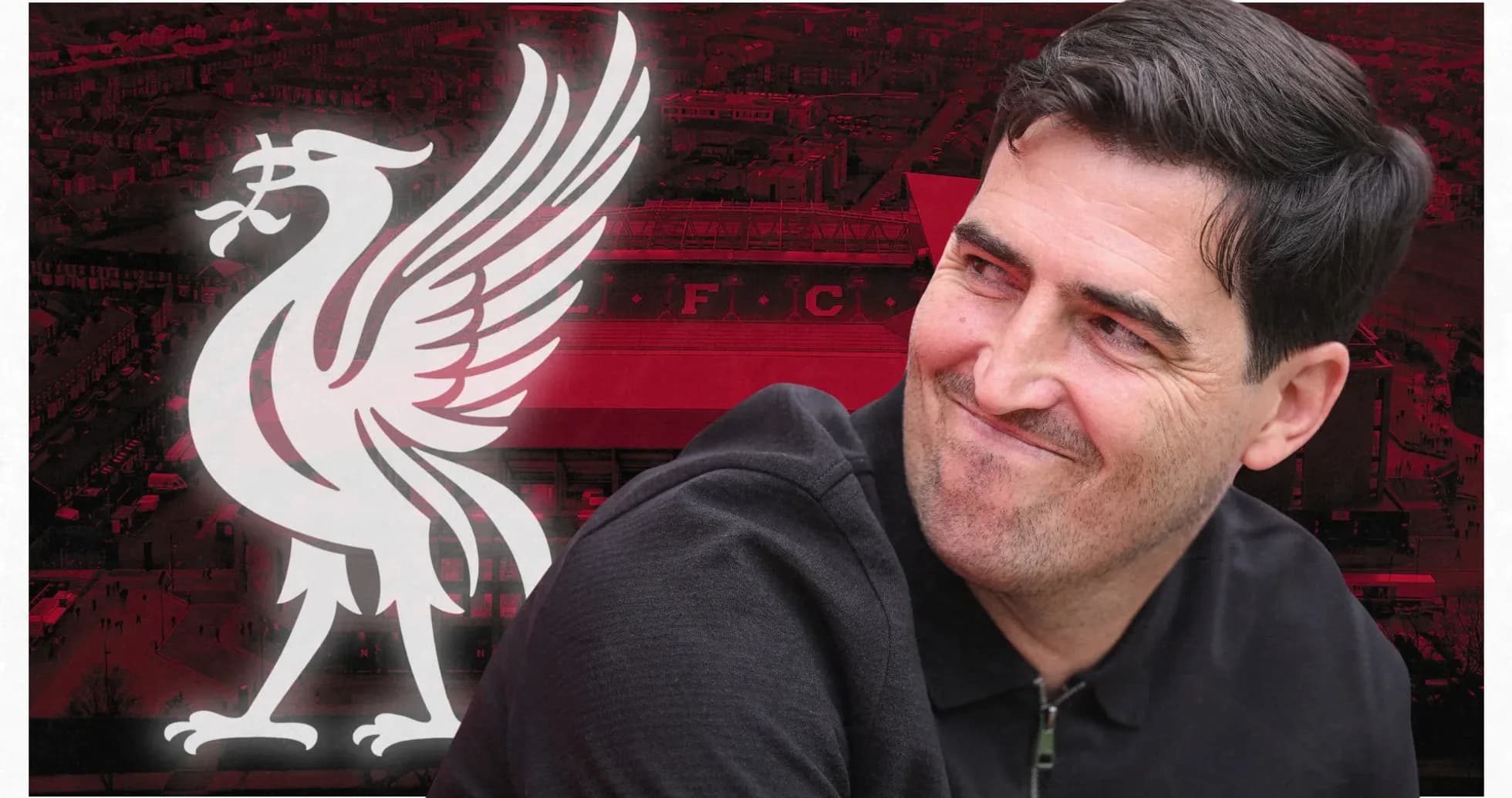 Person smiling in front of Liverpool FC logo Person smiling in front of Liverpool FC logo