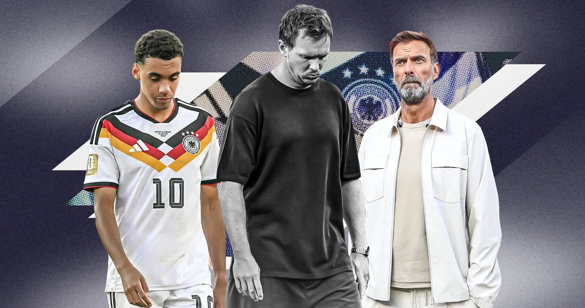 Three men in sports attire against a graphic background Three men in sports attire against a graphic background