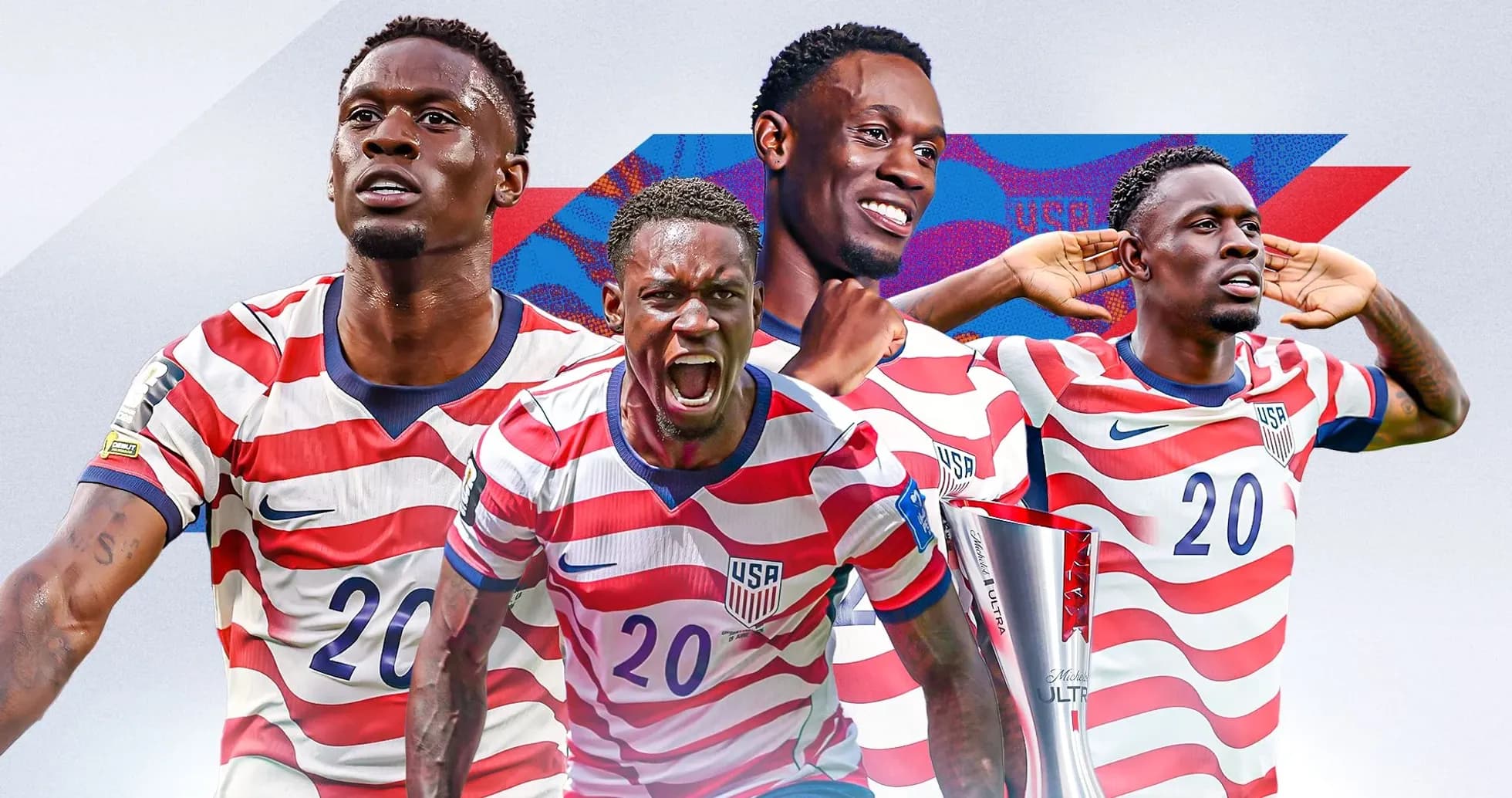 Player in USA jersey celebrating with trophy Player in USA jersey celebrating with trophy