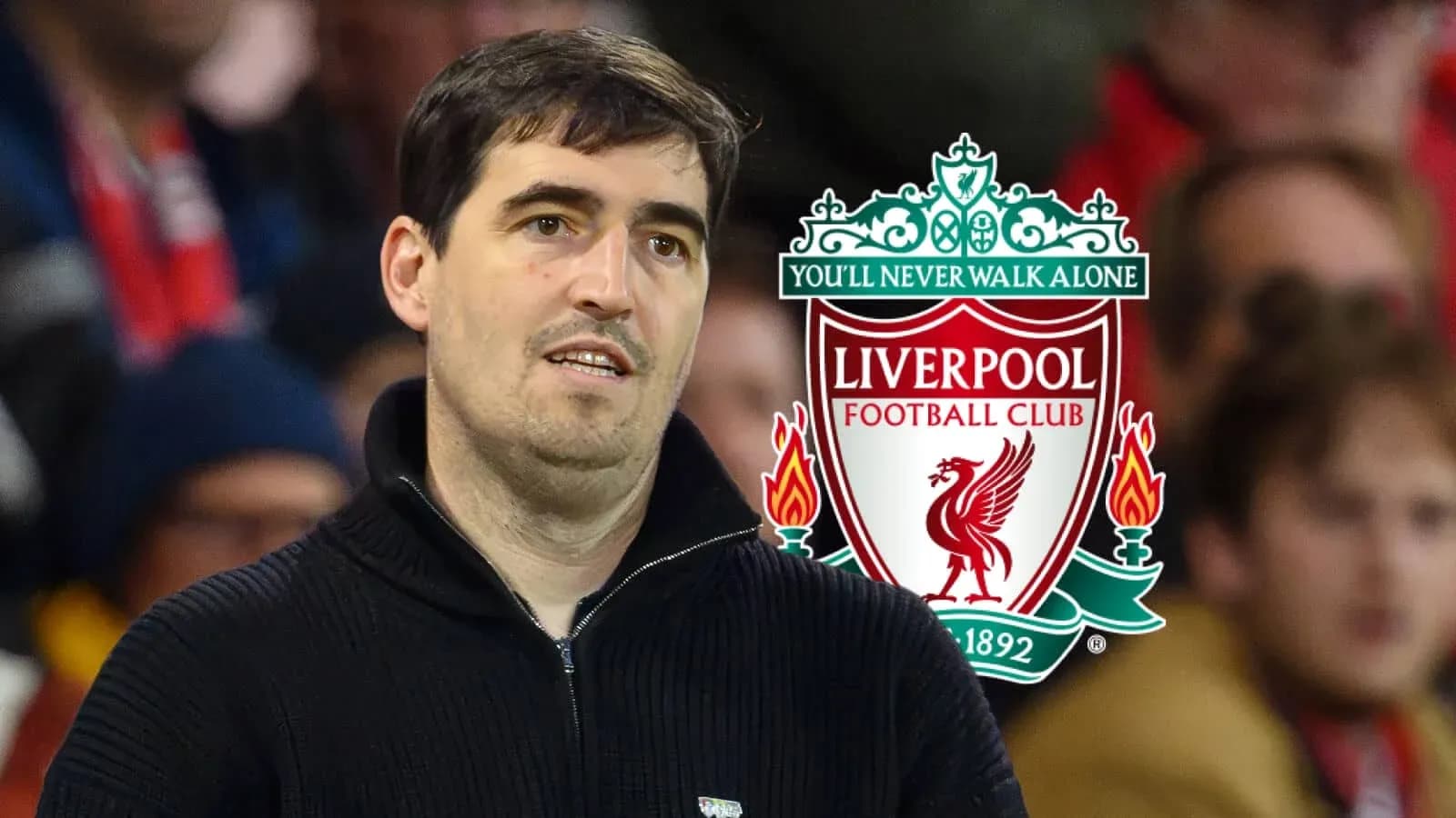 Man observing Liverpool FC logo in background Man observing Liverpool FC logo in background