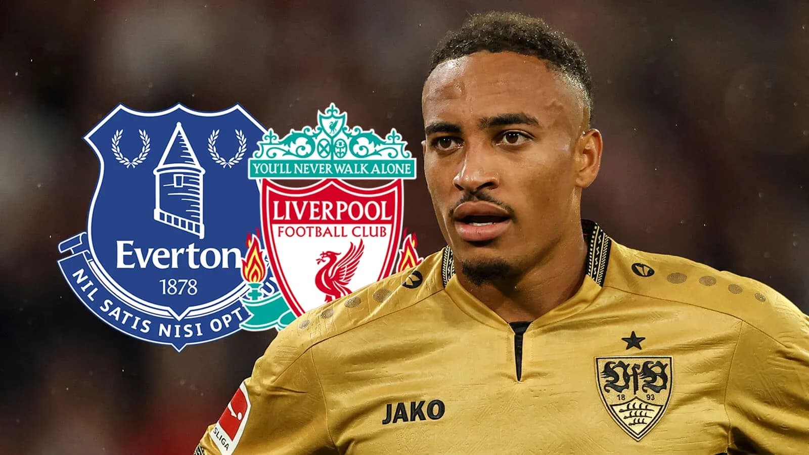 Player in yellow kit with Everton and Liverpool logos Player in yellow kit with Everton and Liverpool logos