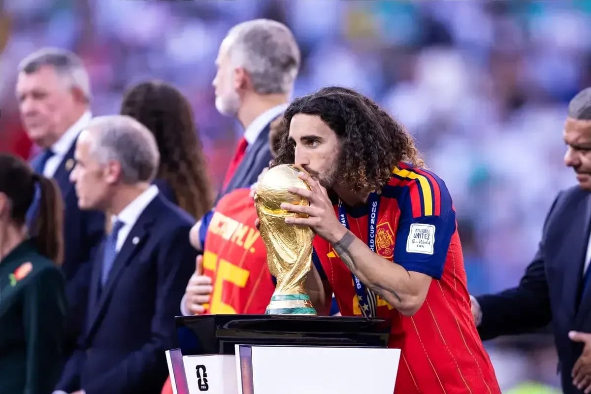 Player kissing the FIFA World Cup trophy on podium Player kissing the FIFA World Cup trophy on podium