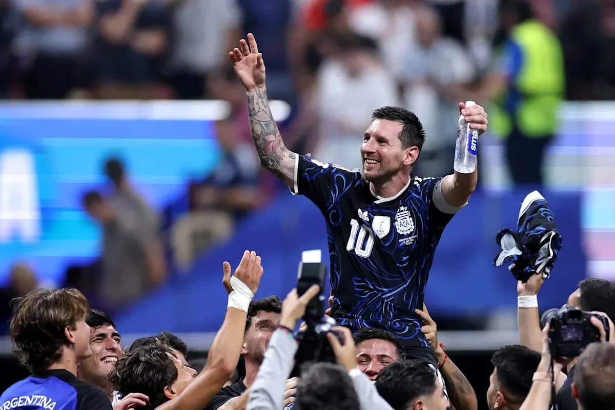 Lionel Messi celebrating with teammates after match Lionel Messi celebrating with teammates after match