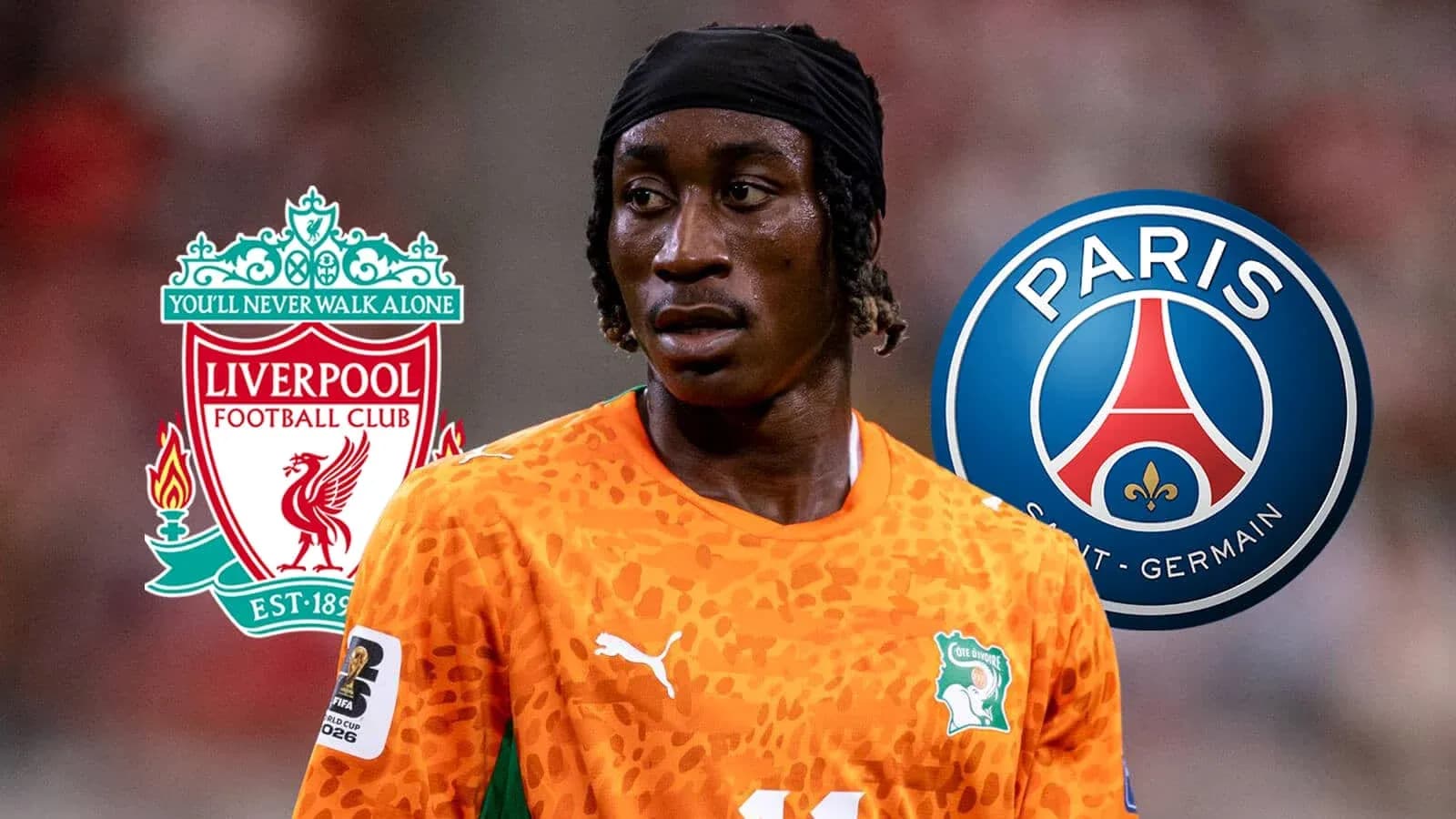 Player in orange jersey with club logos of Liverpool and PSG Player in orange jersey with club logos of Liverpool and PSG