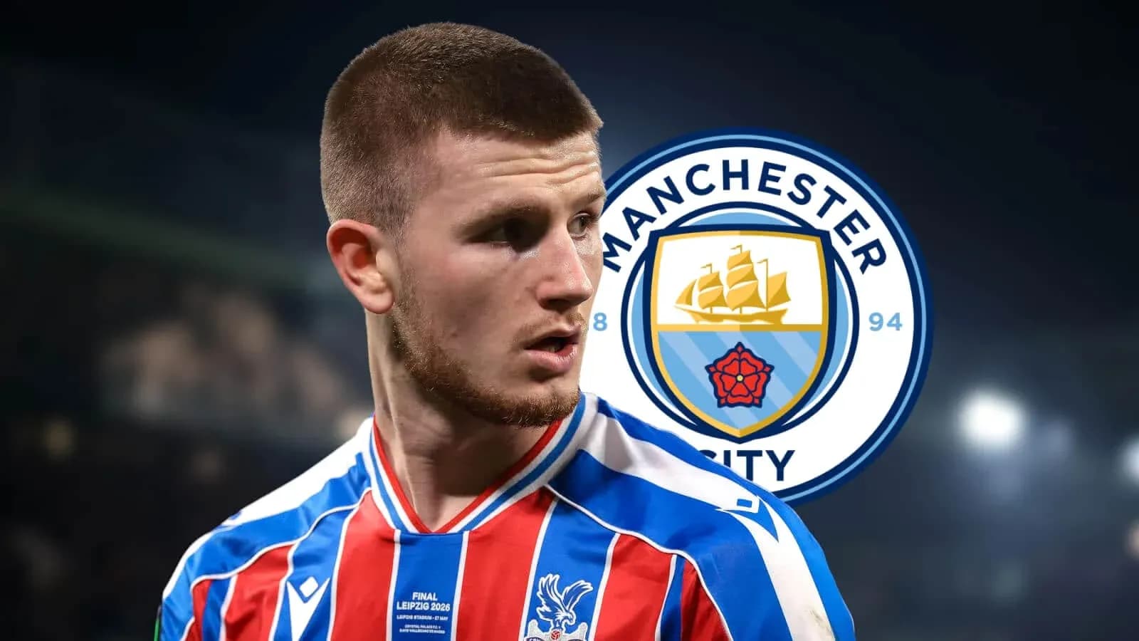 Player wearing Crystal Palace kit with Manchester City logo Player wearing Crystal Palace kit with Manchester City logo