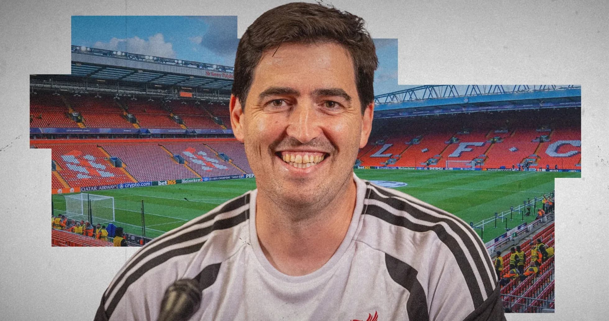Man smiling in front of stadium backdrop Man smiling in front of stadium backdrop