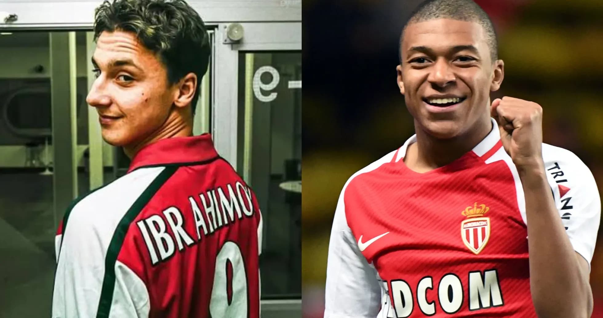 Two football players in jerseys, Ibrahimovic and Mbappe Two football players in jerseys, Ibrahimovic and Mbappe