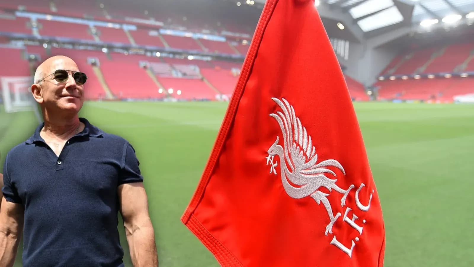 Man near Liverpool FC corner flag at stadium Man near Liverpool FC corner flag at stadium