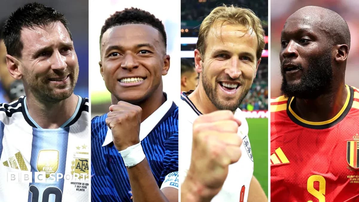 Four football players celebrating: Messi, Mbappé, Kane, Lukaku Four football players celebrating: Messi, Mbappé, Kane, Lukaku