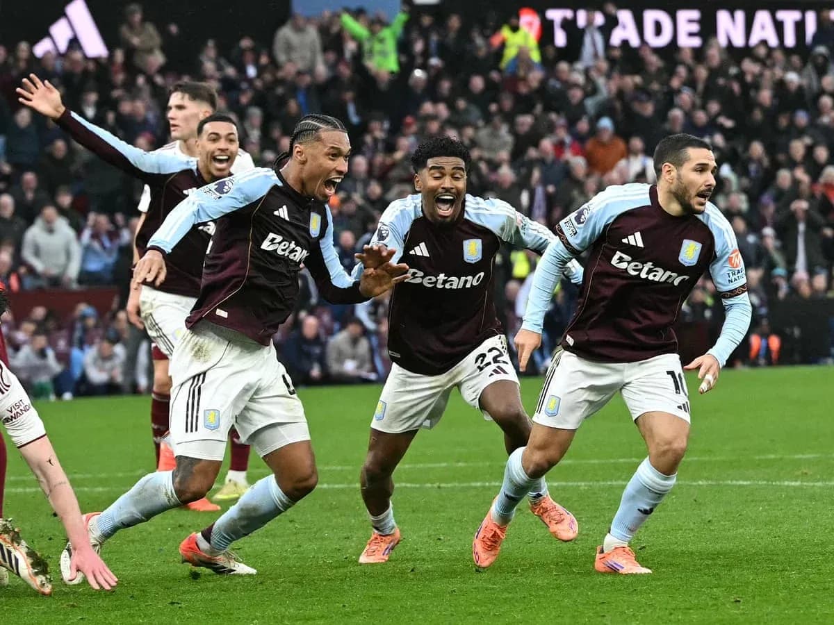 Aston Villa players celebrating a goal during match Aston Villa players celebrating a goal during match