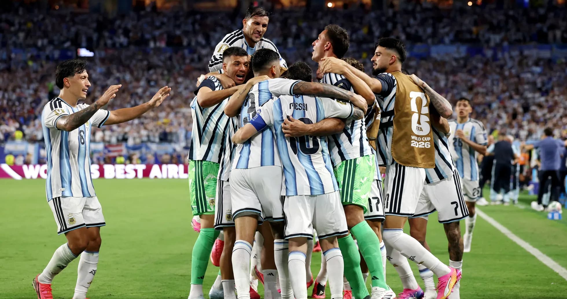 Argentina players celebrating a goal in World Cup match Argentina players celebrating a goal in World Cup match